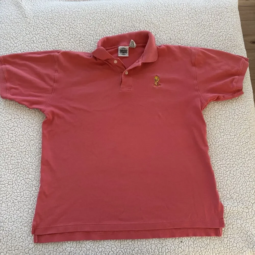 Vintage Looney Tunes Tweety Bird Embroidered Polo Shirt‎ - Medium Red